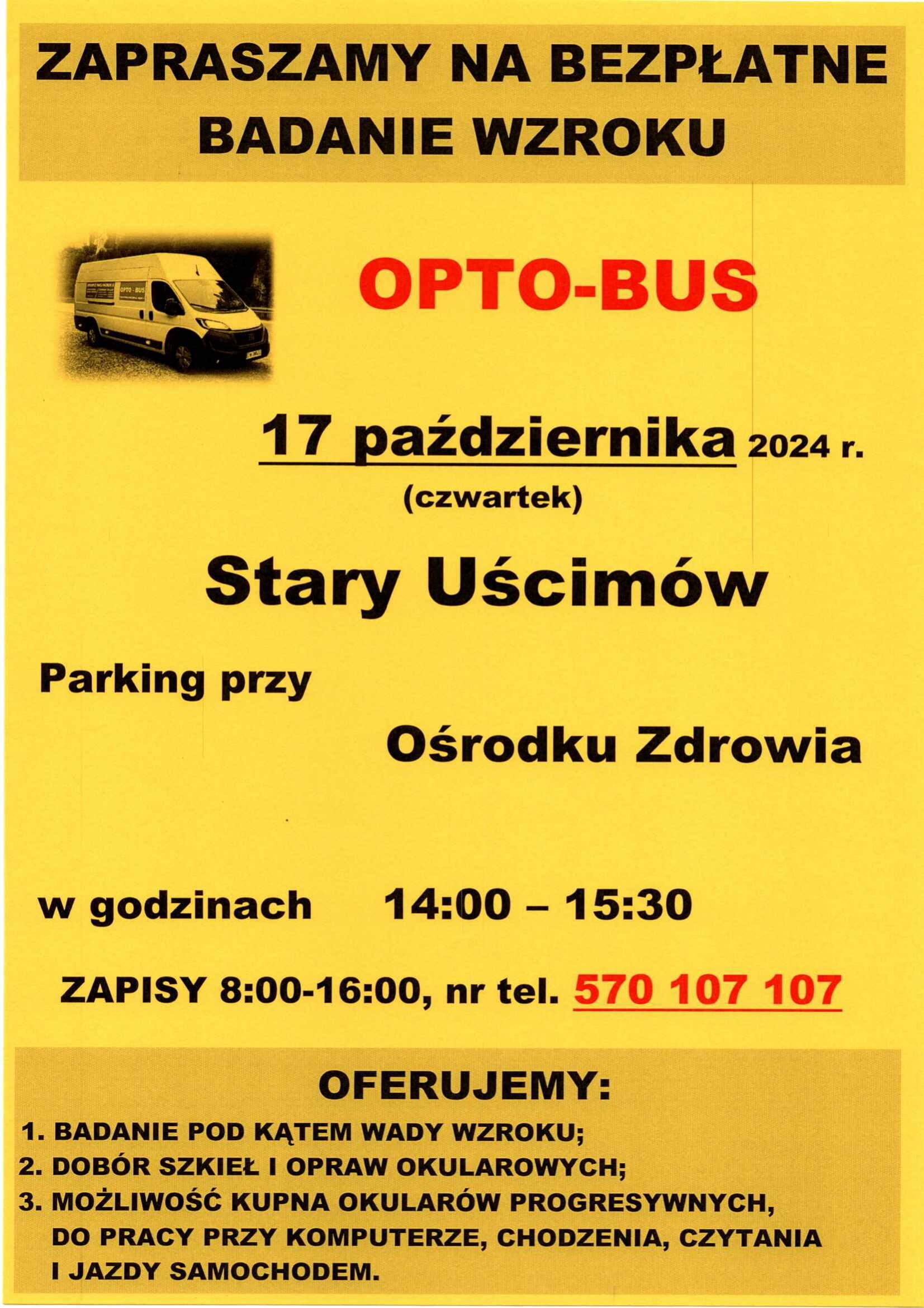 Plakat informacyjny o badaniach okulistycznych przez "OPTO-BUS" w dniu 17 października 2024 r. na parkingu Starego Ośrodka Zdrowia, z numerem kontaktowym i godzinami rejestracji.