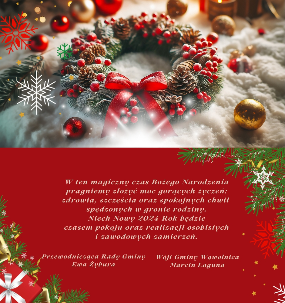 Alternatywny opis: Świąteczny wieniec ze sztucznymi gałązkami jodły, szyszkami i czerwoną kokardą, położony na tle świątecznych dekoracji i oświetlony migoczącymi lampkami.