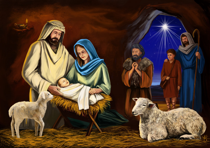Obraz przedstawiający scenę narodzin z postaciami Maryi, Józefa, niemowlęcia Jezusa, pasterzy i owiec w stajence z jaśniejącą gwiazdą nad nimi.