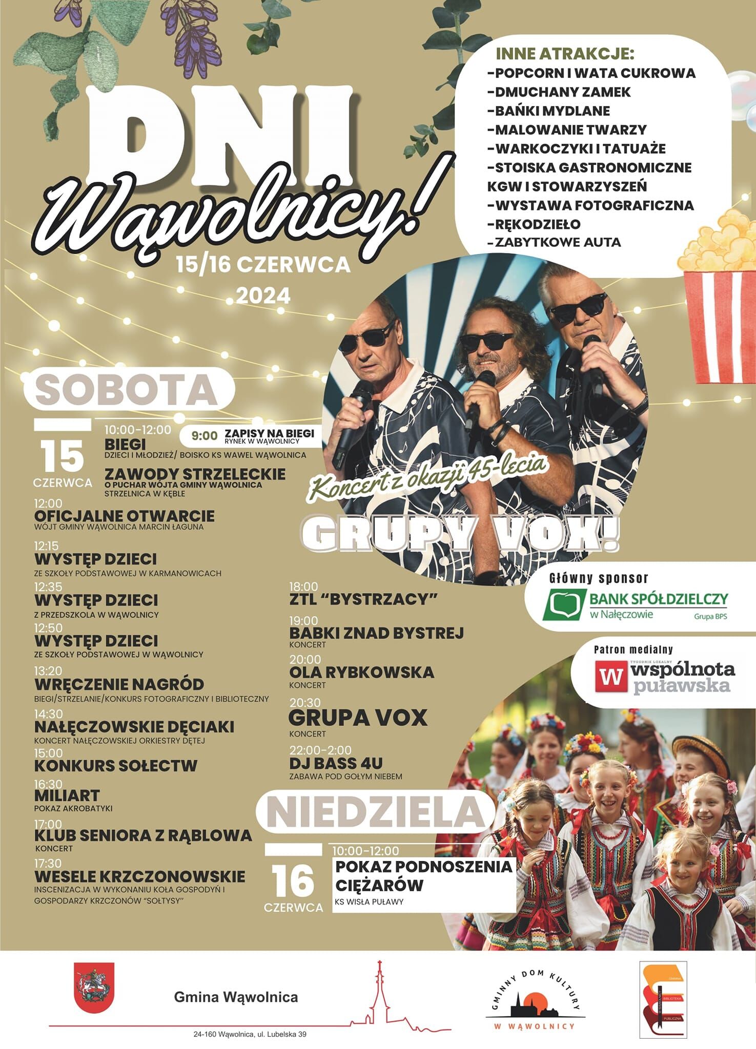 Plakat zapowiadający wydarzenie "Dni Wawolnicy" pokazuje daty, grafiki związane z festynem, zdjęcie dwóch muzyków w okularach przeciwsłonecznych i program wydarzeń.