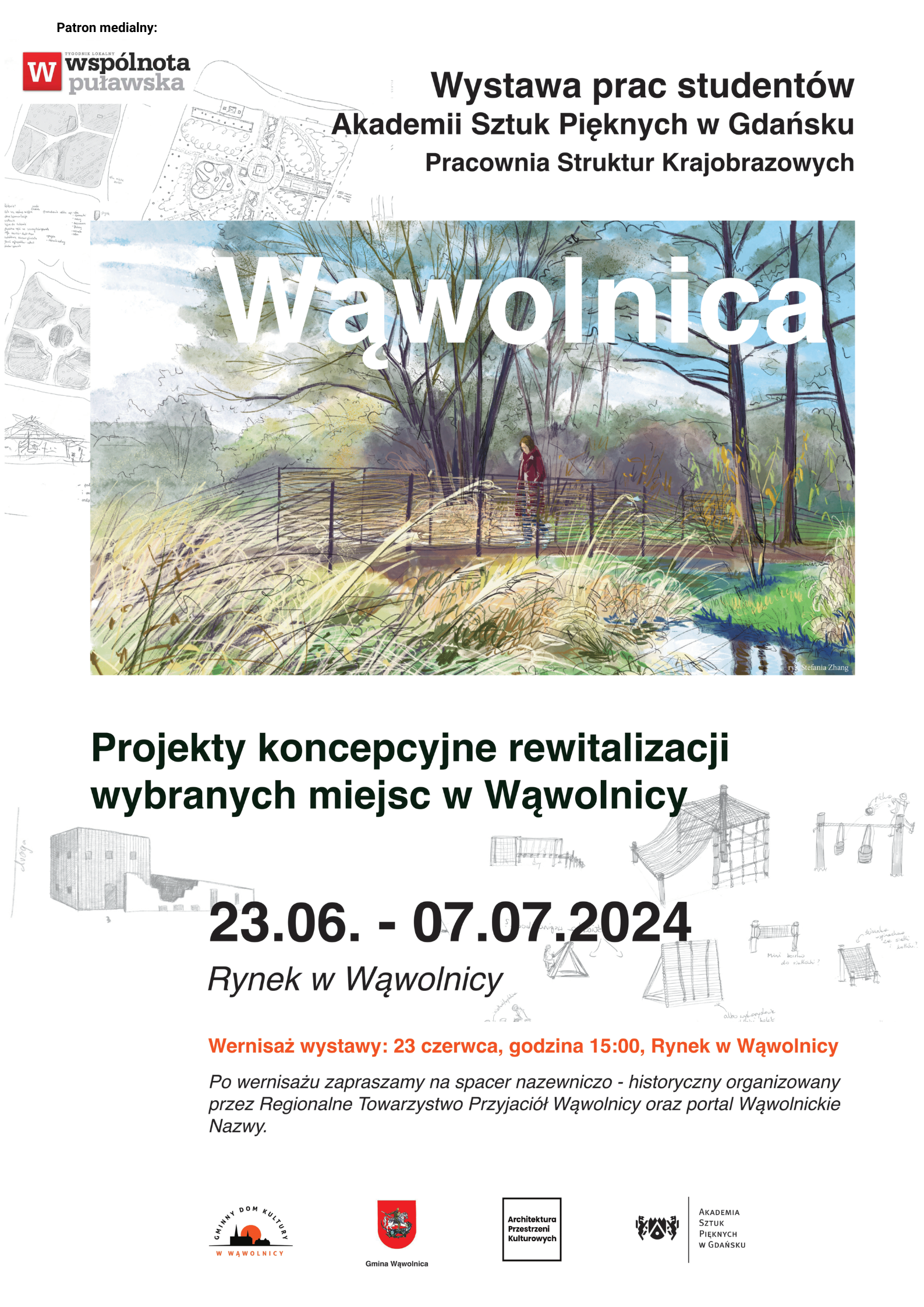 Plakat wystawy prac studentów z Akademii Sztuki Pięknych w Gdańsku pt. "Wawołnica Krajobrazowa", przedstawiający projekt koncepcyjny rewitalizacji w miejscowości Wawołnica z grafiką krajobrazu.