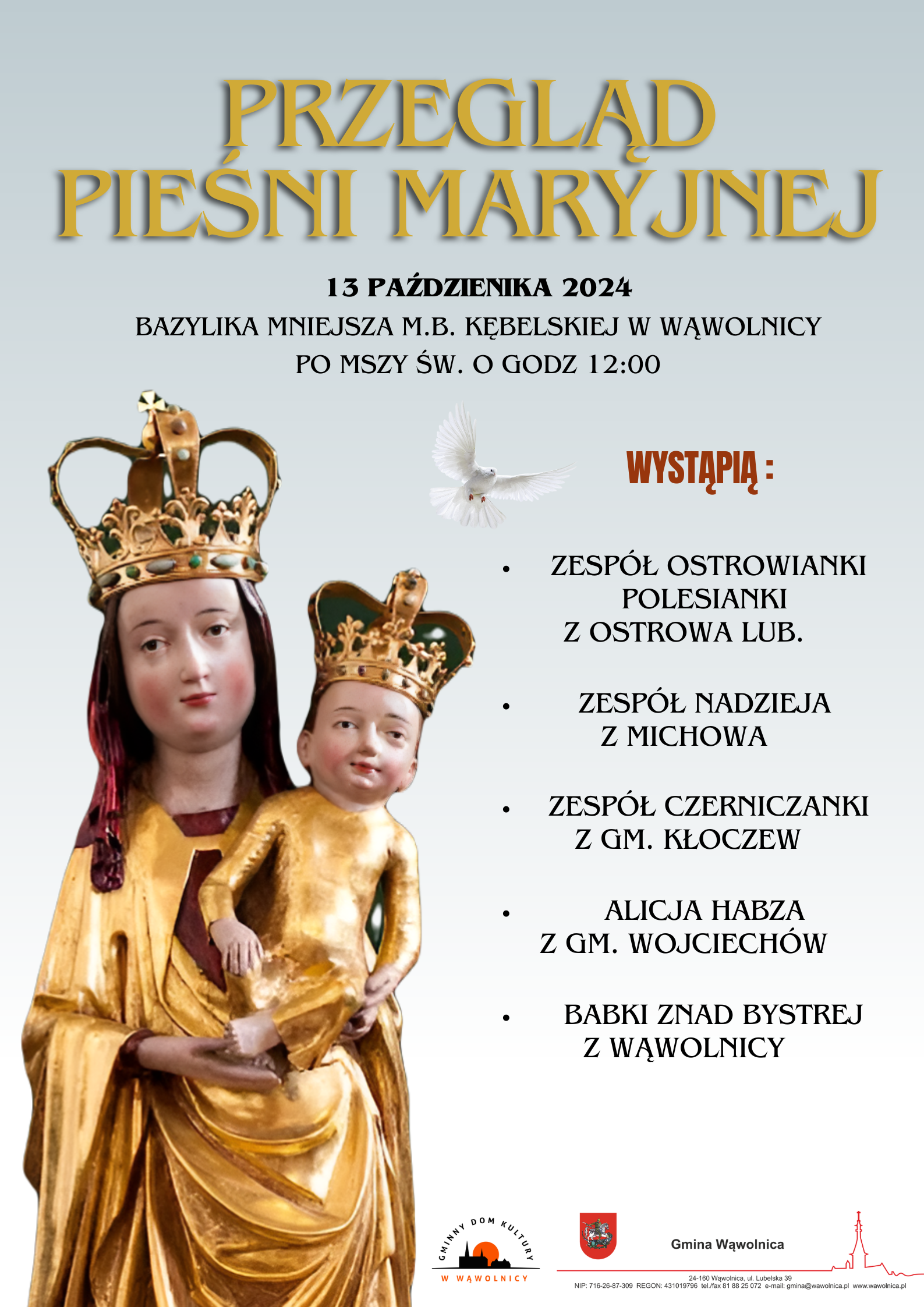 Plakat wydarzenia o tytule "Przegląd Pieśni Maryjnych" z grafiką przedstawiającą figurę Matki Boskiej z Dzieciątkiem, informacjami o miejscu, dacie i uczestnikach oraz czerwoną linią falującą na dole.