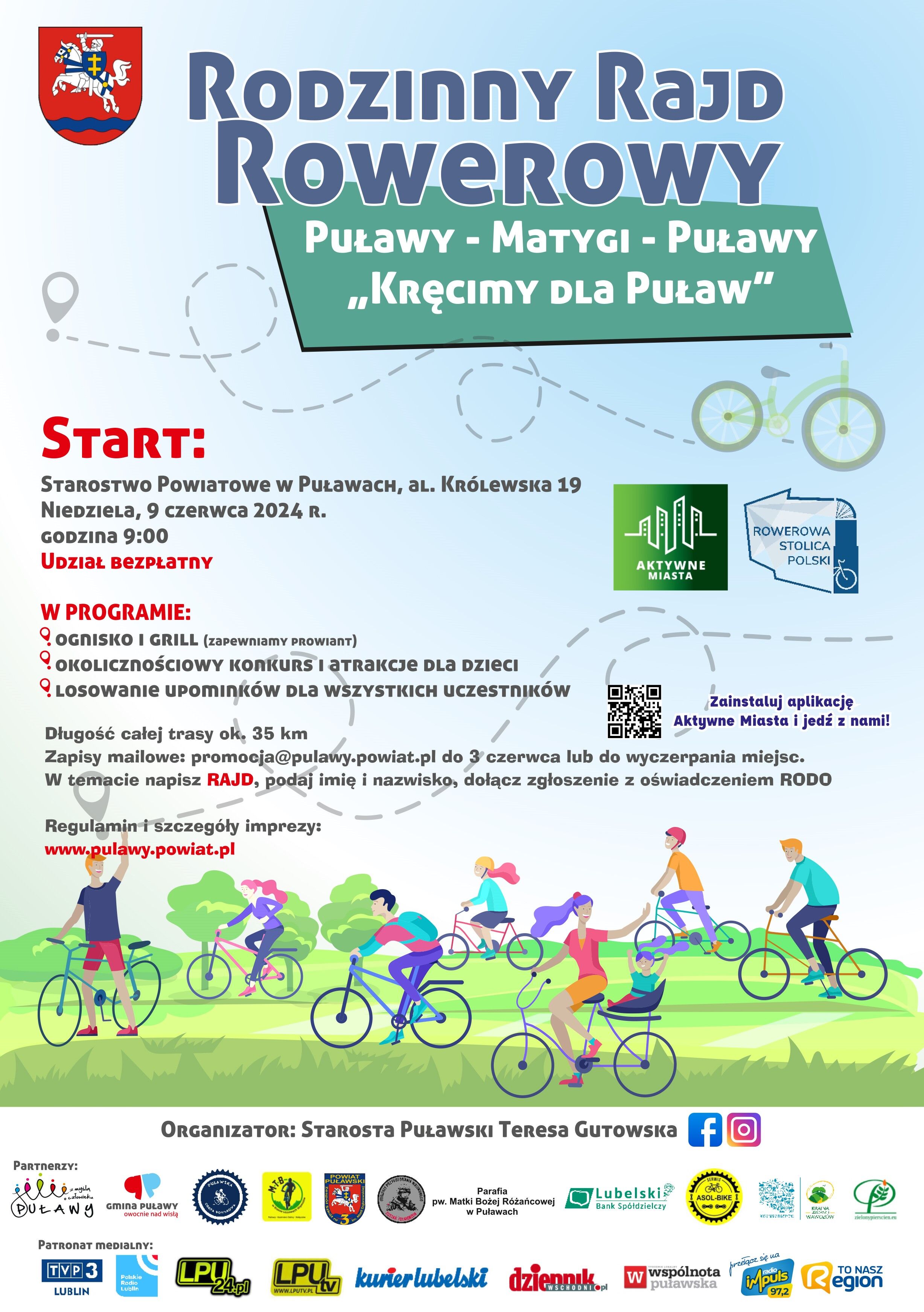 Plakat wydarzenia "Rodzinny Rajd Rowerowy Puławy - Matygi" z grafiką rodziny jadącej na rowerach, datą, miejscem i sponsorami. Zawiera harmonogram, trasy i informacje kontaktowe.