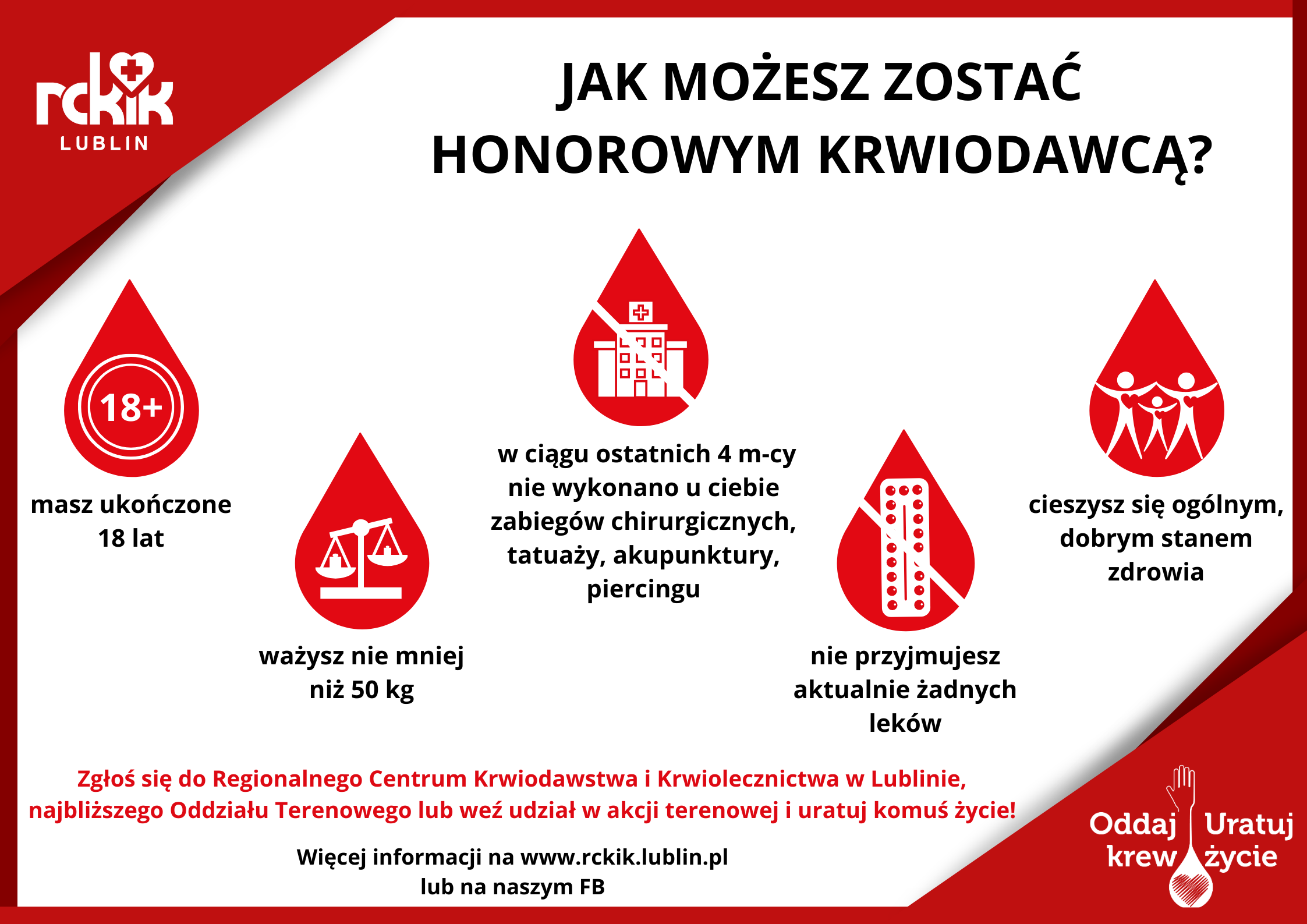 Plakat informacyjny zachęcający do oddawania krwi z tytułem "Jak możesz zostać honorowym dawcą?" zawierający graficzne ikony i kryteria: wiek +18 lat, brak zimna i leków, dobra kondycja zdrowotna.