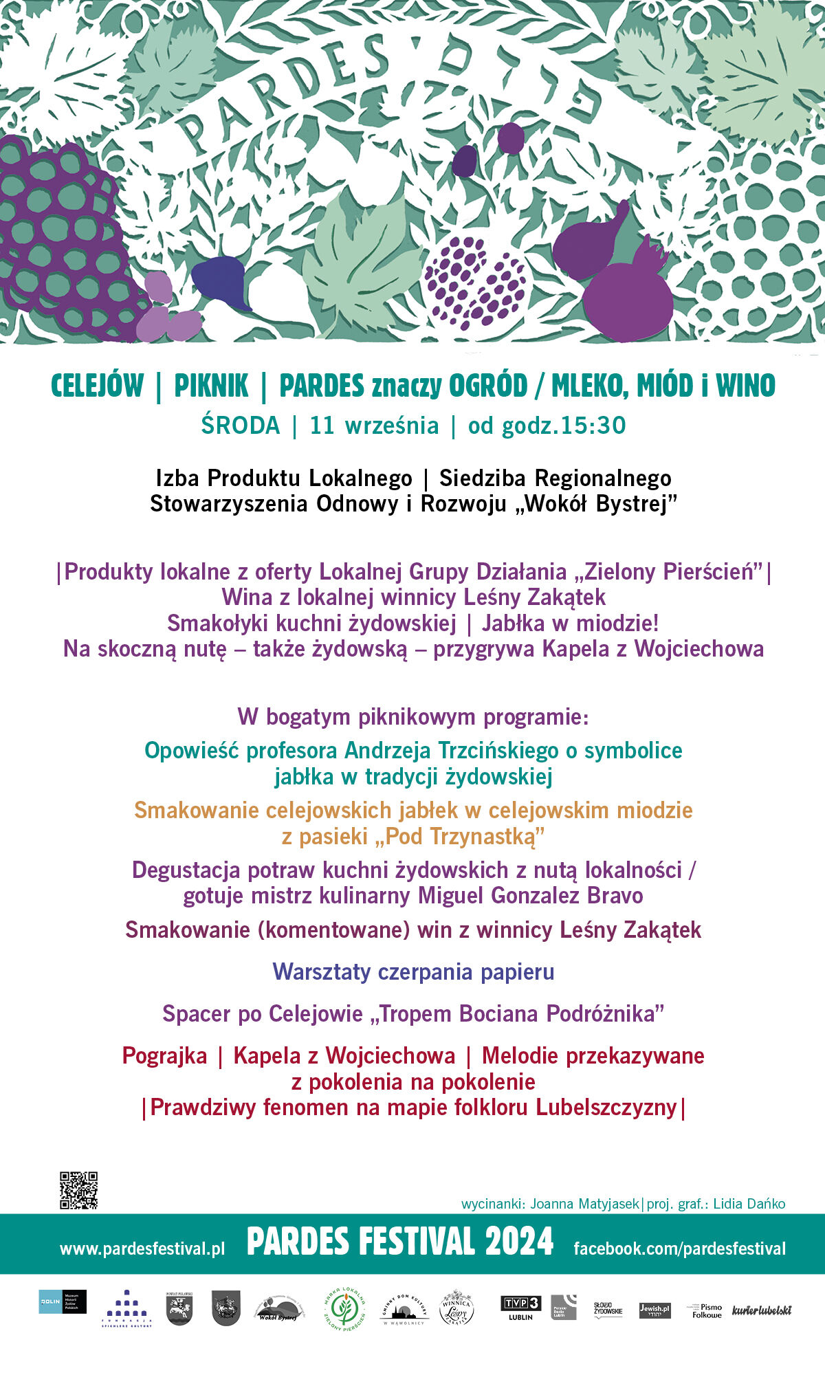 Zdjęcie przedstawia plakat festiwalu "Parades Festival," z grafikami liści i owoców w tle. Zawiera informacje o wydarzeniach festiwalu, takich jak pikniki, targi, muzyka i dyskusje, a także logotypy partnerów i sponsorów.