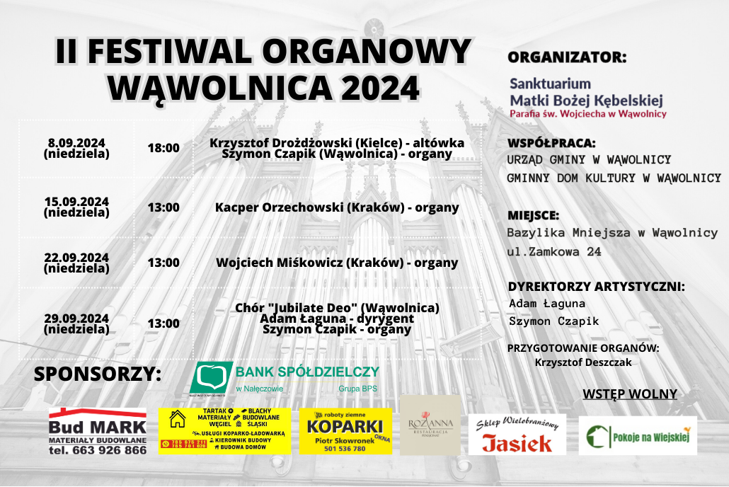 Plakat II Festiwalu Organowego "II festiwal Organowy 2024" z datami wydarzeń, listą wykonawców, sponsorów oraz organizatorów na czerwono-biało-czarnym tle z graficznymi elementami nawiązującymi do organów.