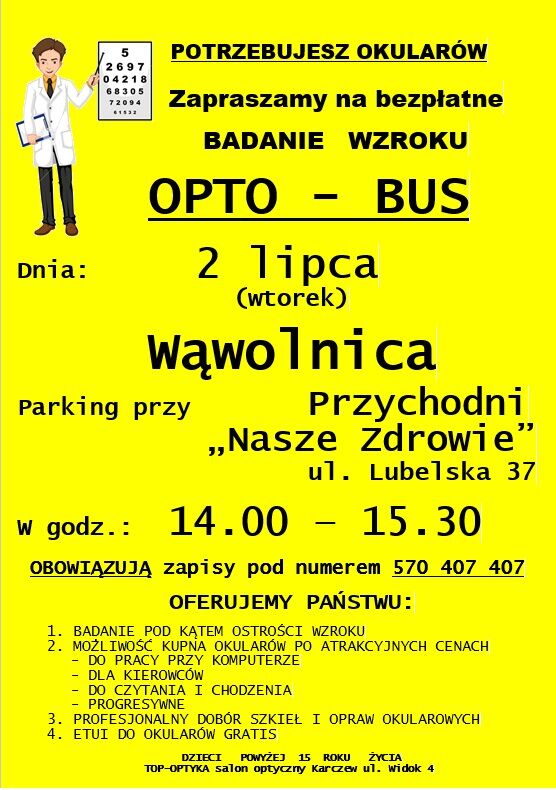 Plakat promocyjny na badanie wzroku z ilustracją lekarza, informacjami o bezpłatnym badaniu, datą, miejscem i numerem rejestracji.