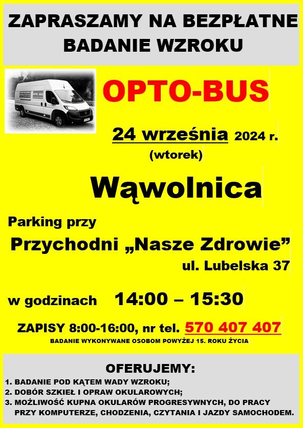 Plakat informacyjny o darmowych badaniach wzroku w Wadowicach, z datą 24 października, adresem, godzinami oraz numerem telefonu do zapisów.