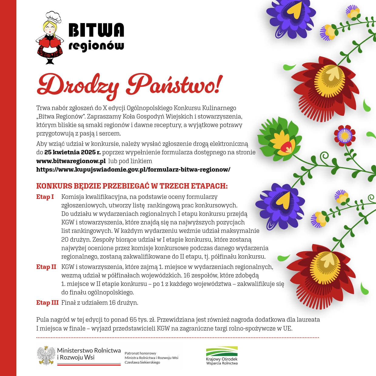 Plakat promujący X edycję konkursu kulinarnego "Bitwa Regionów". Na czerwonym tle widoczne są stylizowane kwiaty ludowe. Zawiera szczegóły dotyczące rejestracji i etapów konkursu.