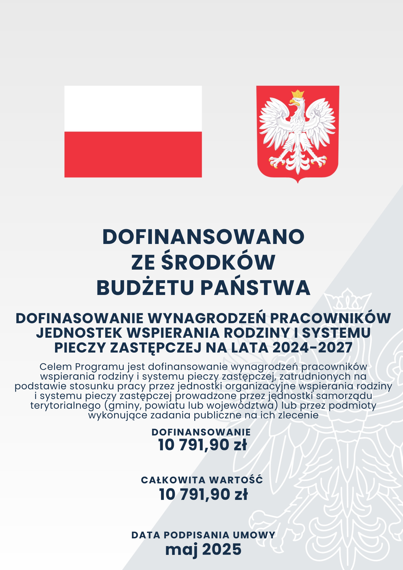 Plakat informuje o dofinansowaniu wynagrodzeń pracowników jednostek wspierania rodziny na lata 2024-2027. Widoczne są polska flaga i godło. Kwota dofinansowania: 10 791,90 zł. Data podpisania umowy: maj 2025.
