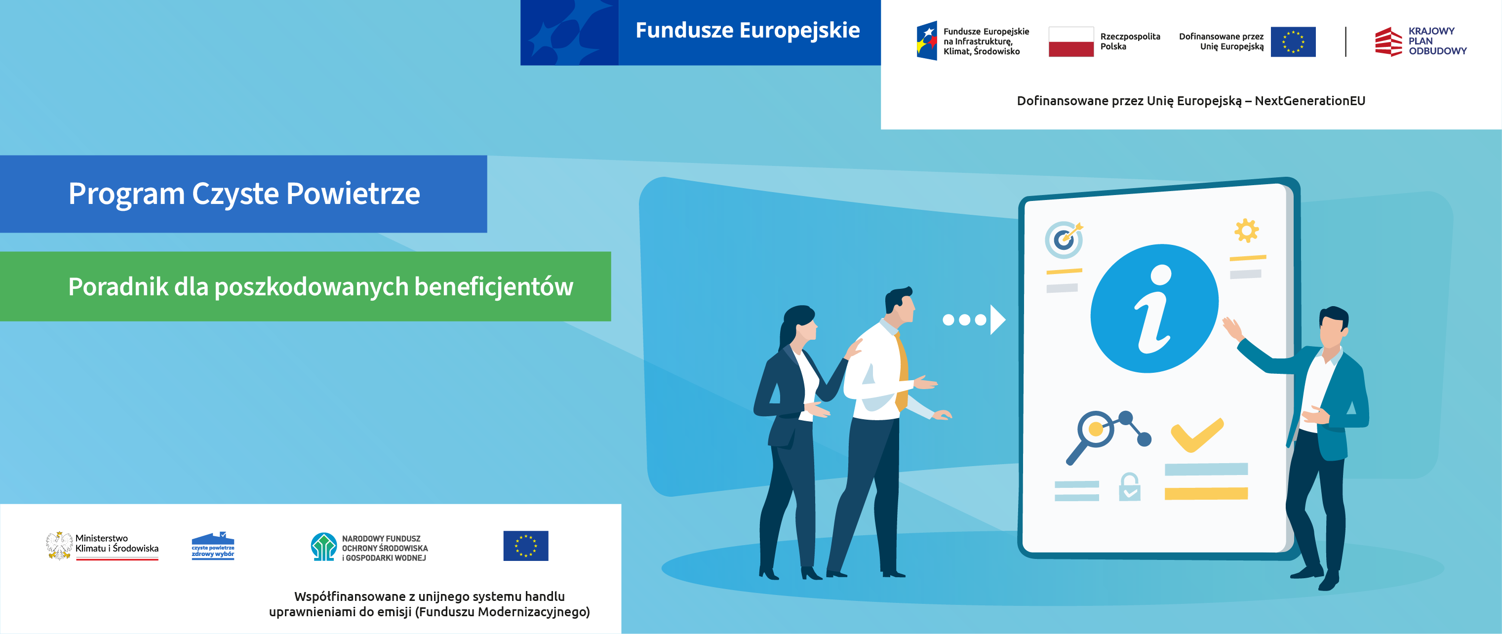 Plakat promocyjny programu "Czyste Powietrze". Po prawej grafika przedstawiająca tablet z ikoną informacji, postać wskazuje ekran. W górnym rogu logotypy funduszy europejskich.