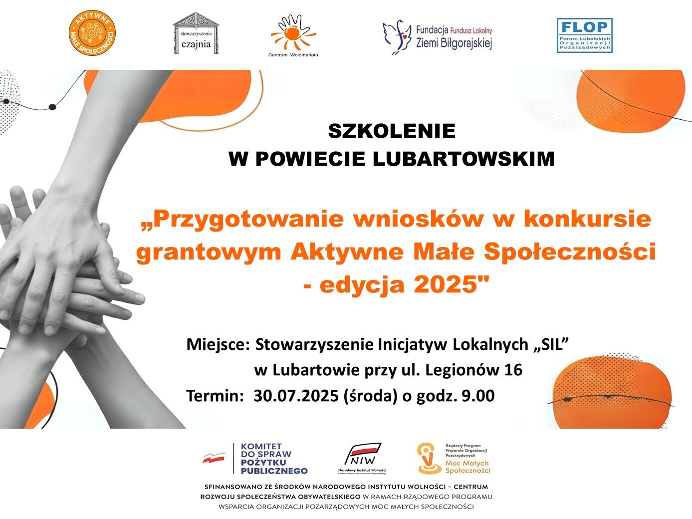Plakat szkoleniowy dotyczący przygotowania wniosków w konkursie grantowym "Aktywne Małe Społeczności" edycja 2025, odbywającego się w Lubartowie, 30.07.2025 o godz. 9:00.