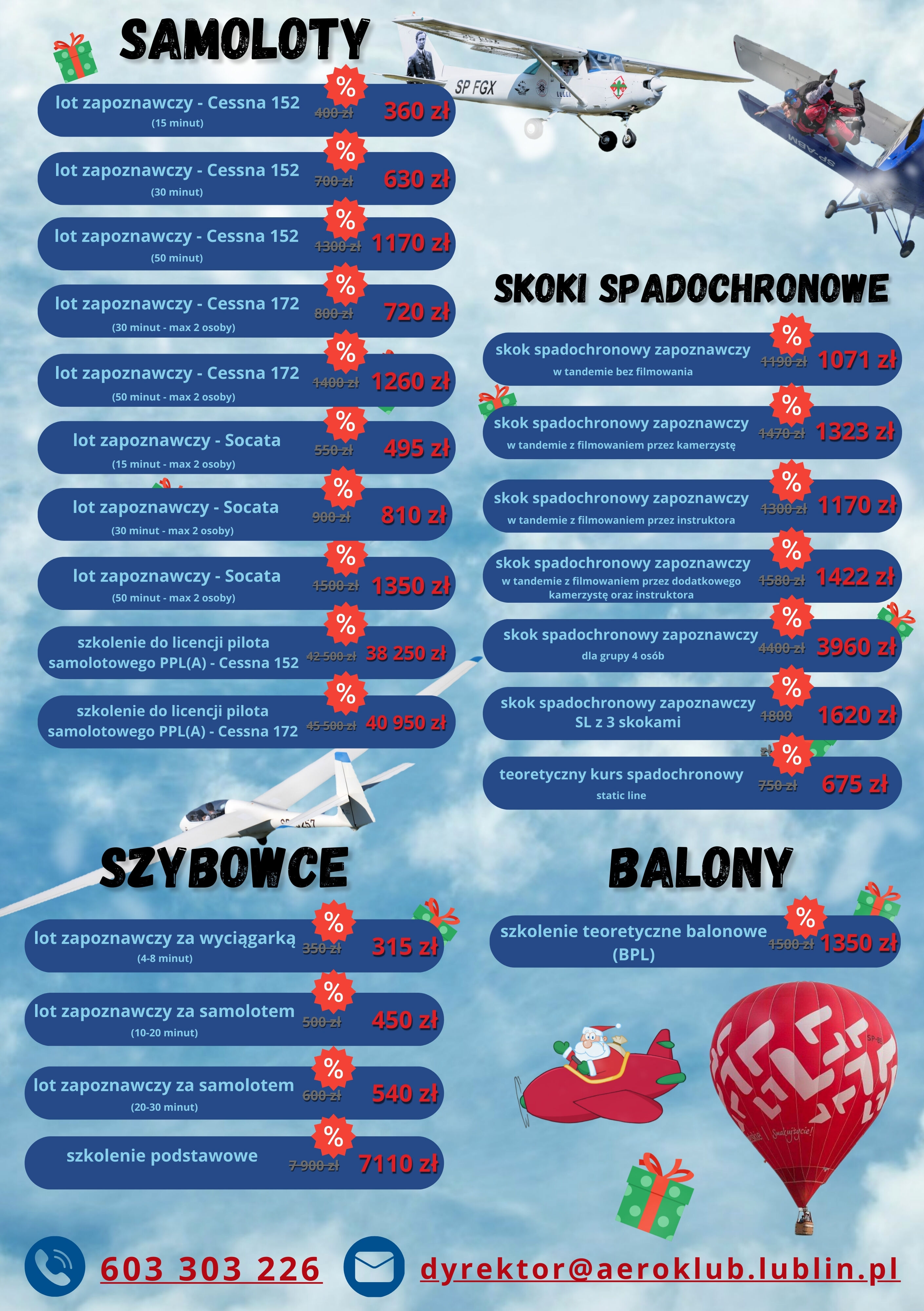 Plakat promujący usługi lotnicze. Zawiera ceny lot&oacute;w zapoznawczych, skok&oacute;w spadochronowych, lot&oacute;w szybowcem i balonem. Tło ma niebieski kolor z motywem chmur oraz ilustracjami samolot&oacute;w i balon&oacute;w.