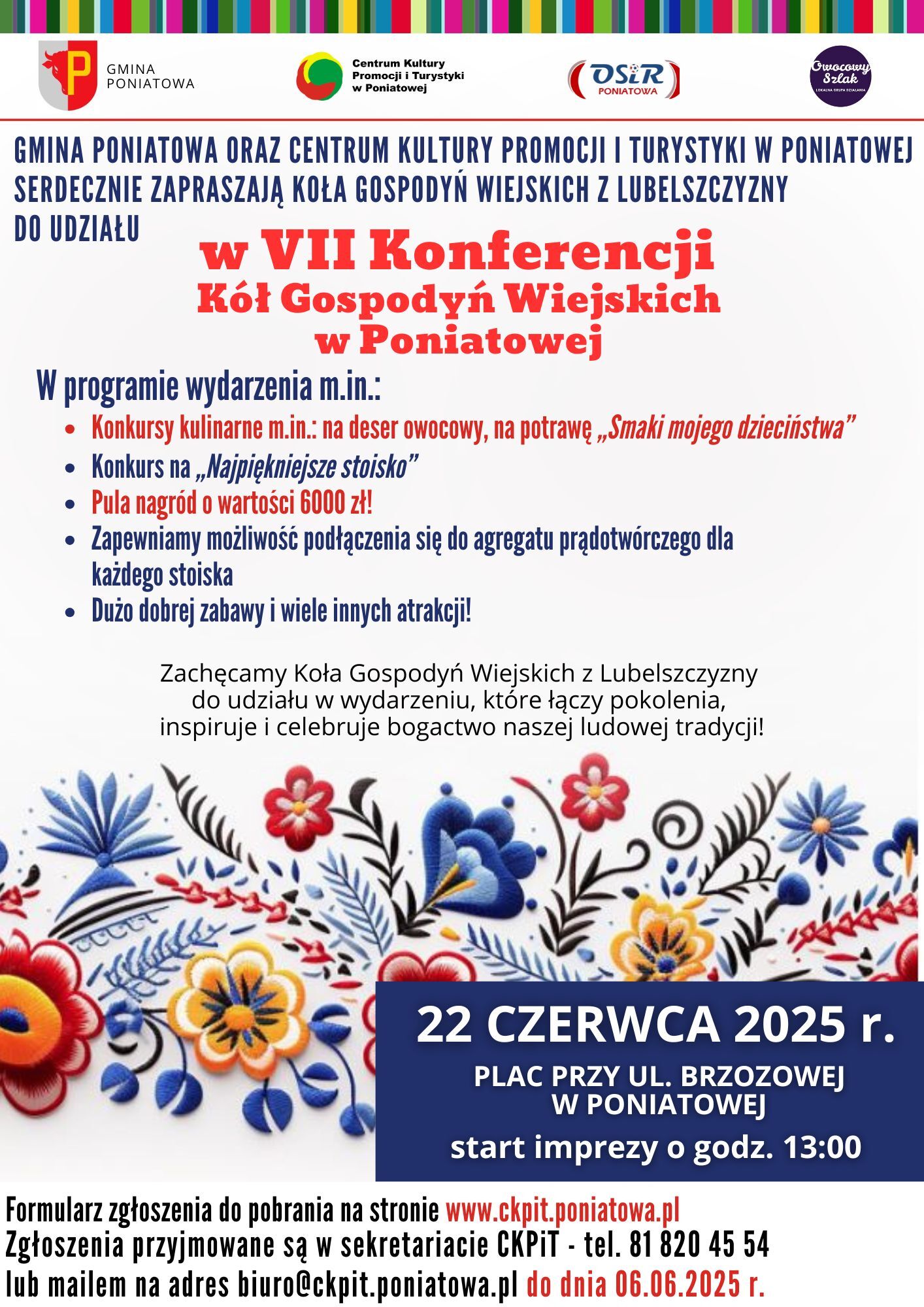 Plakat promujący VII Konferencję Kół Gospodyń Wiejskich w Poniatowej, 22 czerwca 2025. Zawiera informacje o konkursach kulinarnych, stoiskach i nagrodach. Tło ozdobione ludowymi motywami kwiatowymi.