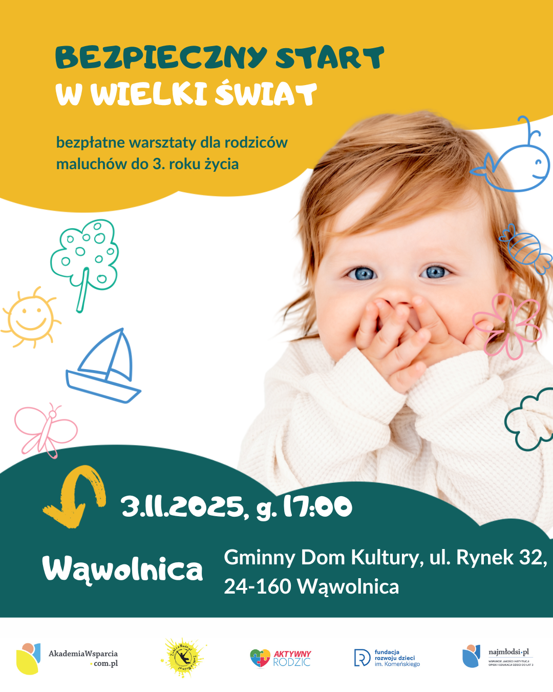 Na plakacie znajduje się dziecko okryte kocem, bawiące się swoimi stopami. Nad nim umieszczono tytuł wydarzenia "Bezpieczny start w wielki świat". Poniżej są szczegóły dotyczące miejsca, daty, godziny i organizatorzy warsztatów.
