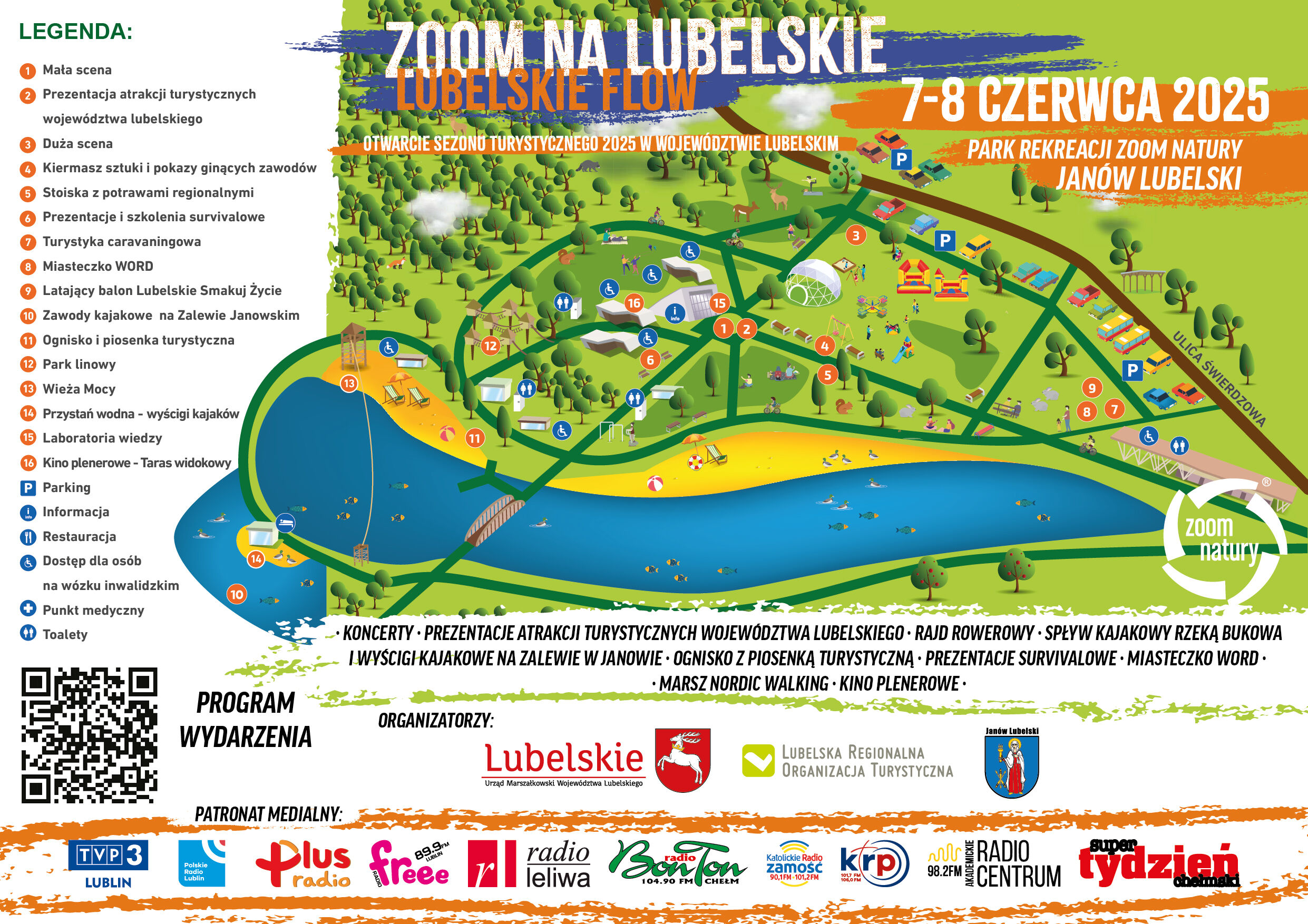 Mapa Zoom na Lubelskie w Janowie Lubelskim. Obejmuje park, sceny, atrakcje, ścieżki, jezioro i miejscowości. Widoczne terminy wydarzenia, loga sponsorów i informacje praktyczne.