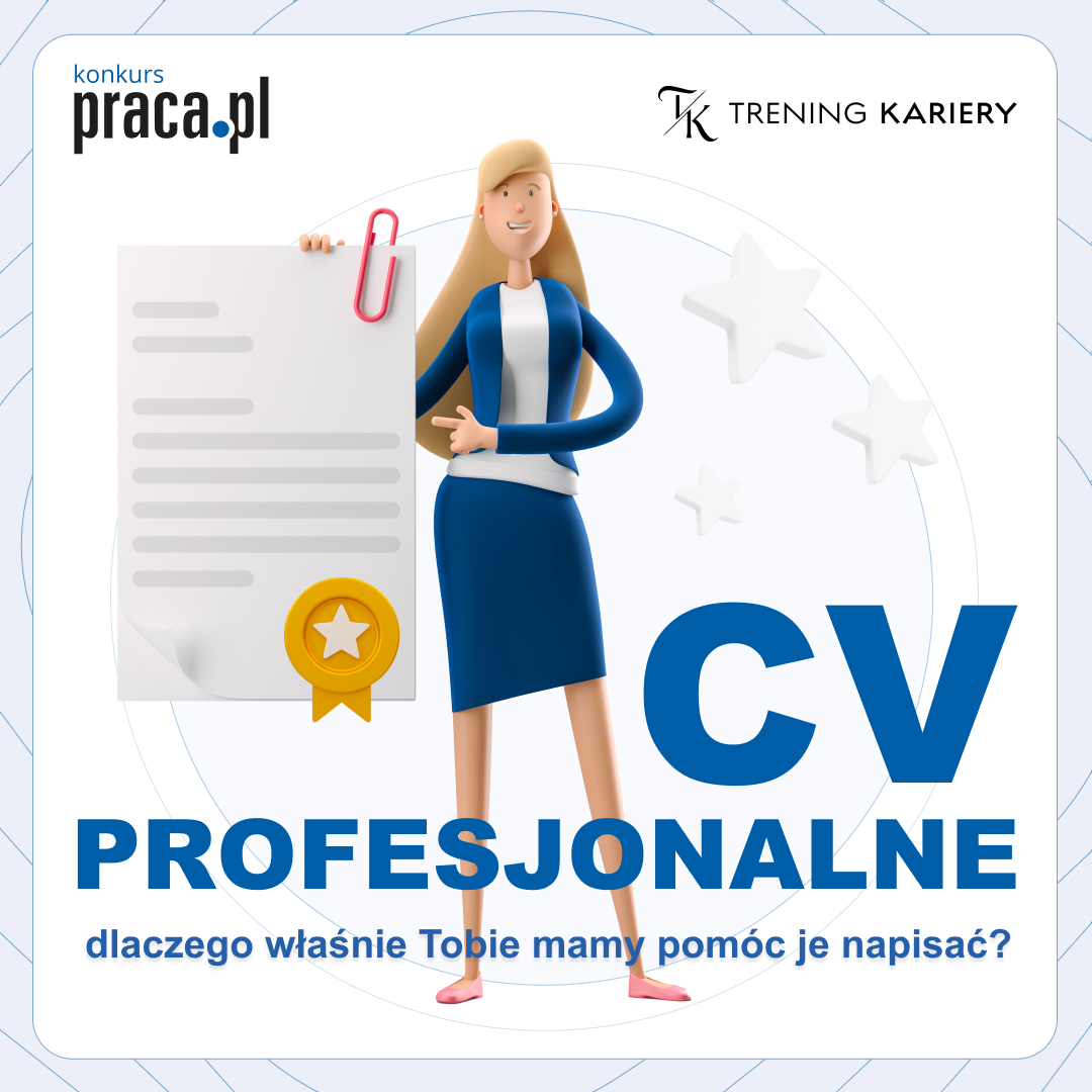 Ilustracja przedstawia kobietę w niebiesko-białym stroju, trzymającą duży dokument z przypiętą czerwoną spinaczką i złotą odznaką. Obok znajduje się tekst o pomocy w pisaniu CV. W tle są białe gwiazdy.