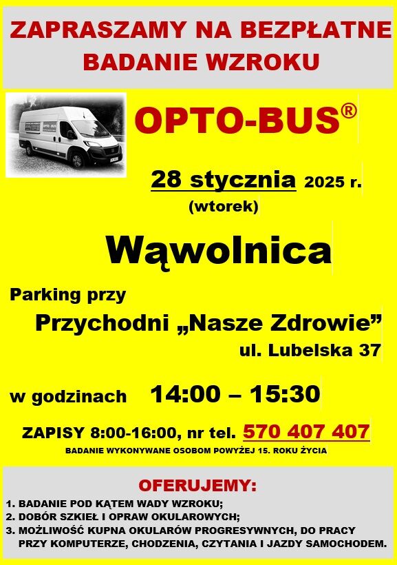 Plakat informujący o bezpłatnym badaniu wzroku w Wąwolnicy 28 stycznia 2025 roku. Widać busa, nazwy usług i godziny zapisów. Oferowane są okulary i dodatkowe usługi optyczne.