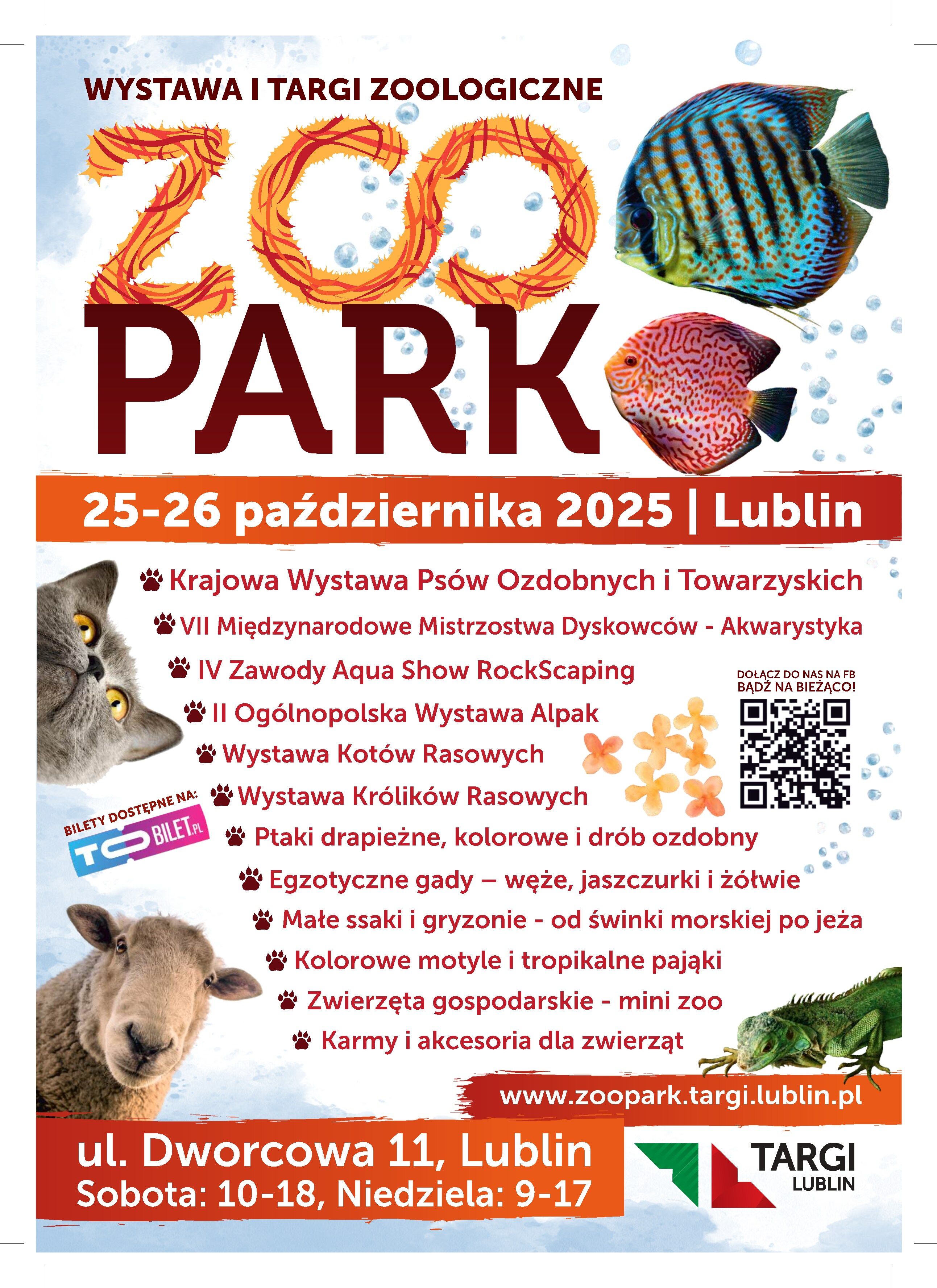 Plakat promujący ZooPark, wystawę i targi zoologiczne w Lublinie, 25-26 października 2025. Kolorowy design z rybą, koniem i psem. Informacje o wydarzeniach i konkursach, takich jak wystawa psów i alpaki.