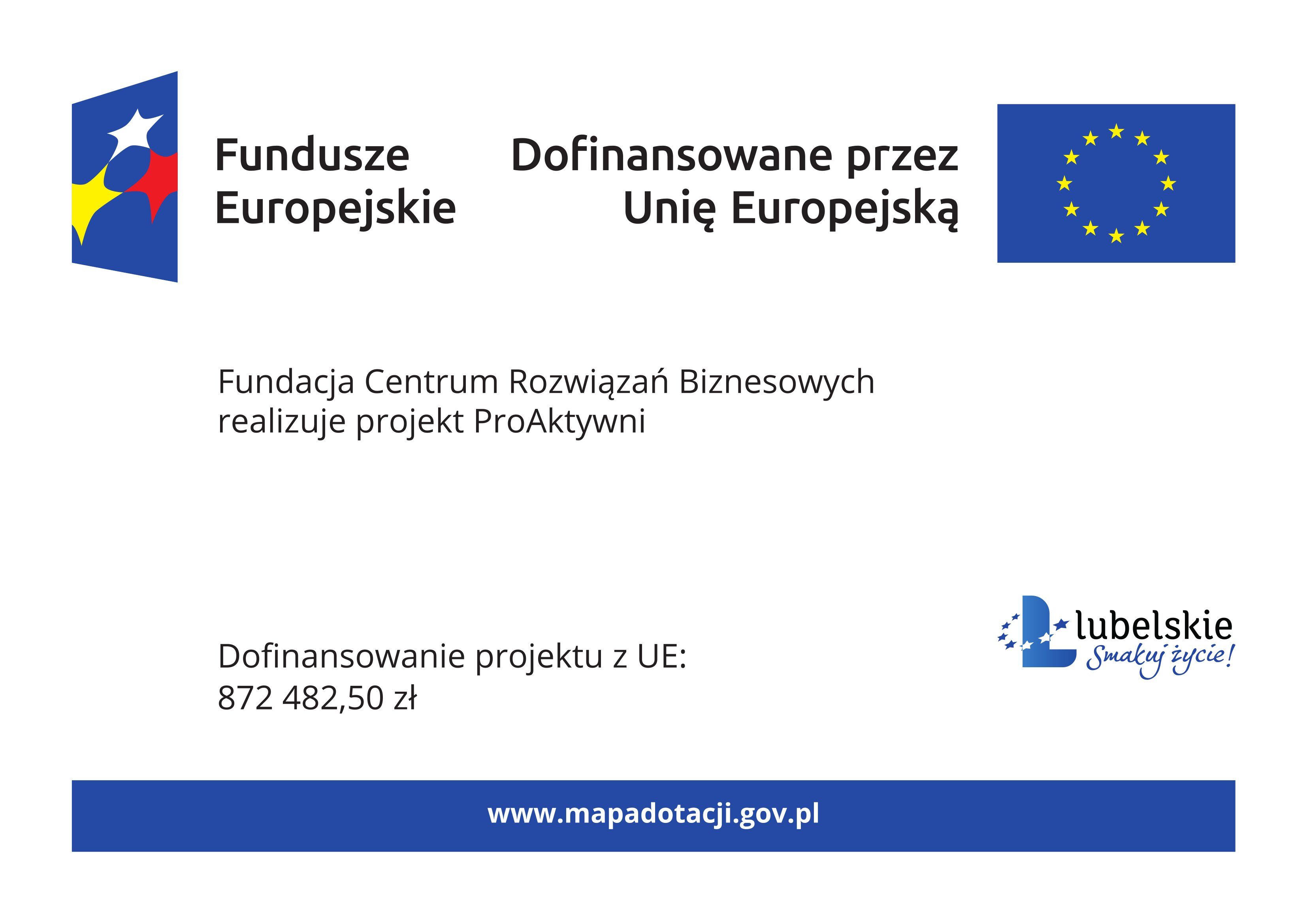 Plakat informacyjny o dofinansowaniu z UE. Zawiera logo Funduszy Europejskich i UE, informację o Fundacji Centrum Rozwiązań Biznesowych, logo Wojew&oacute;dztwa Lubelskiego oraz kwotę dofinansowania: 872 482,50 zł.
