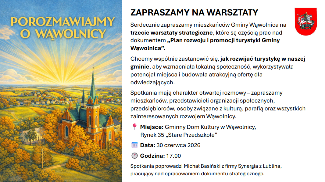 Plakat warsztat&oacute;w dla mieszkańc&oacute;w Gminy Wąwolnica o planie turystyki. Zawiera grafikę kościoła, herby, datę: 3.10.2026, godz. 17:00, miejsce: Gminny Dom Kultury. Prowadzący: Michał Basiński.