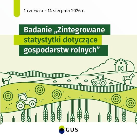 Plakat informujący o badaniu &bdquo;Zintegrowane statystyki dotyczące gospodarstw rolnych&rdquo; organizowanym przez GUS od 1 czerwca do 14 sierpnia 2026 r. Na dole logo GUS, w tle rysunki p&oacute;l i ciągnik&oacute;w.