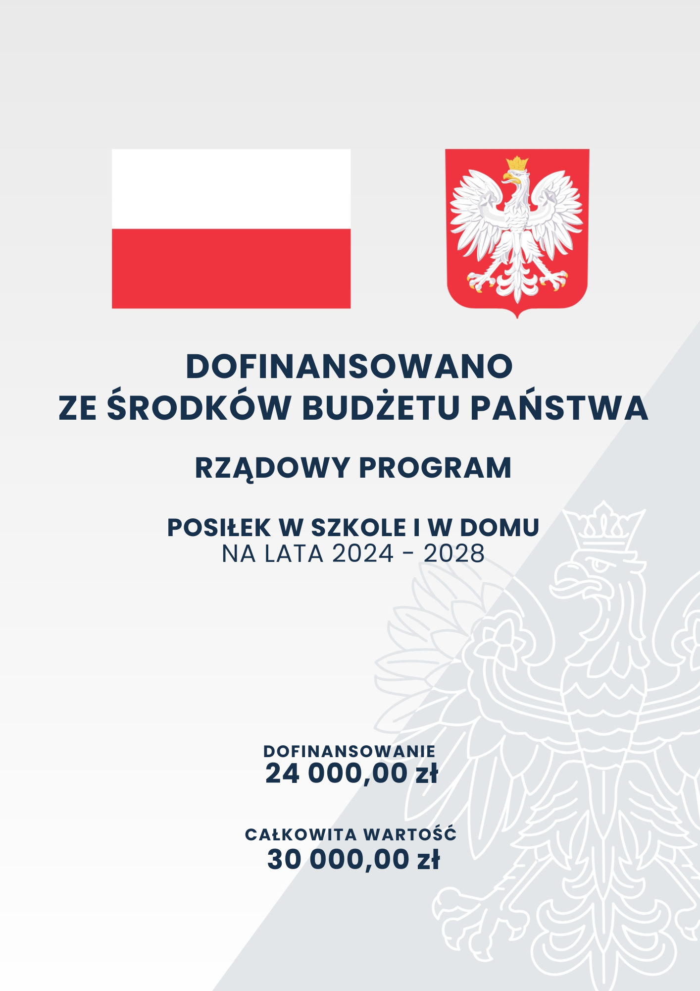 Plakat informujący o dofinansowaniu z budżetu państwa na lata 2024-2028. Program "Posiłek w szkole i w domu" z logo Polski i herbem. Dofinansowanie: 24 000 zł, całkowita wartość: 30 000 zł.