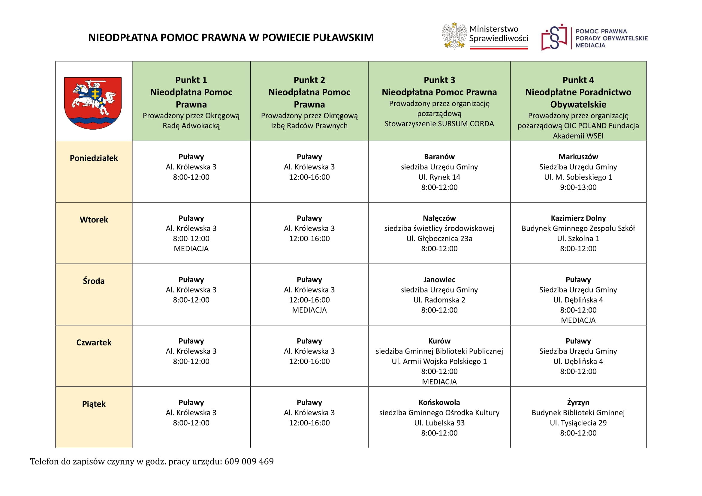 Plan dyżur&oacute;w z lokalizacjami punkt&oacute;w pomocy prawnej i poradnictwa obywatelskiego w Powiecie Puławskim. Zawiera dni i godziny otwarcia, a także nazwiska prawnik&oacute;w i doradc&oacute;w obsługujących poszczeg&oacute;lne punkty.