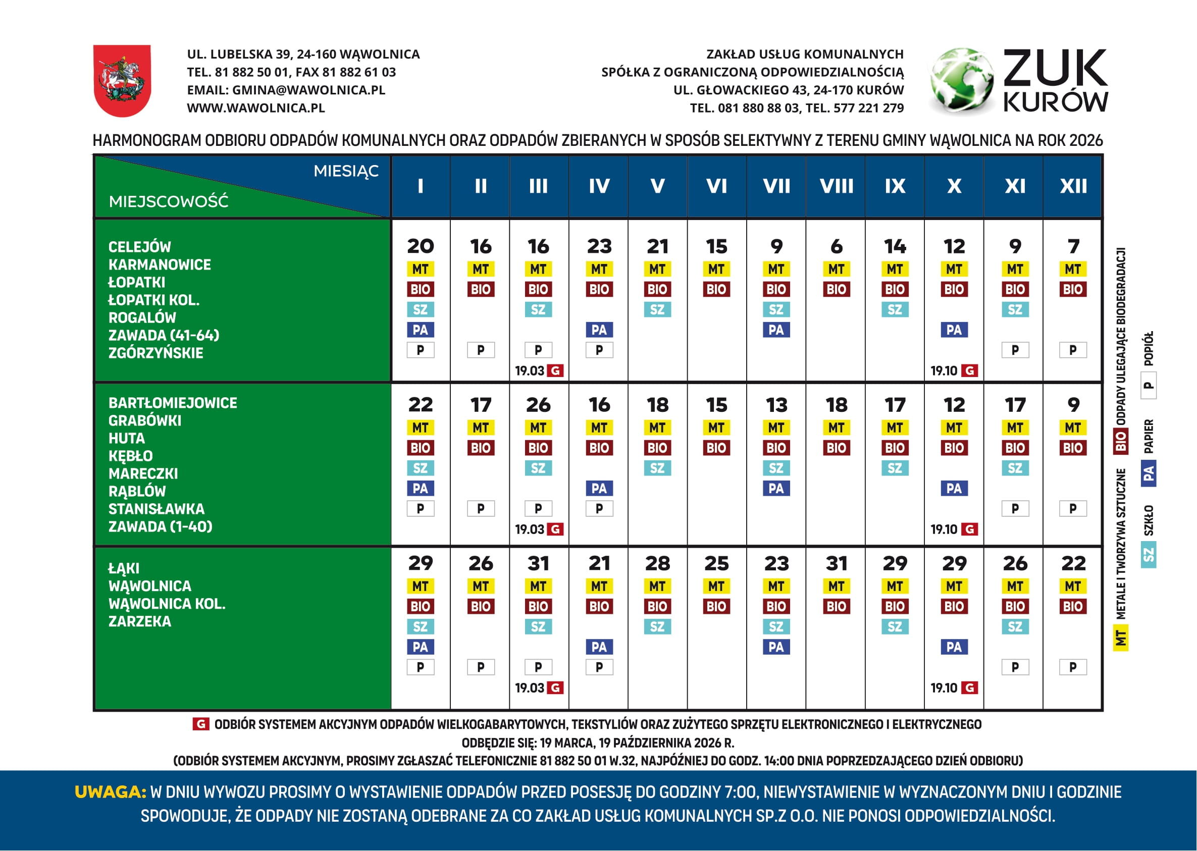 Grafik odbioru odpad&oacute;w komunalnych w gminie Kur&oacute;w na rok 2024. Tabela zawiera daty odbioru w poszczeg&oacute;lnych miejscowościach, oznaczone kolorami. W lewym g&oacute;rnym rogu herb gminy oraz kontakt do ZUK Kur&oacute;w.