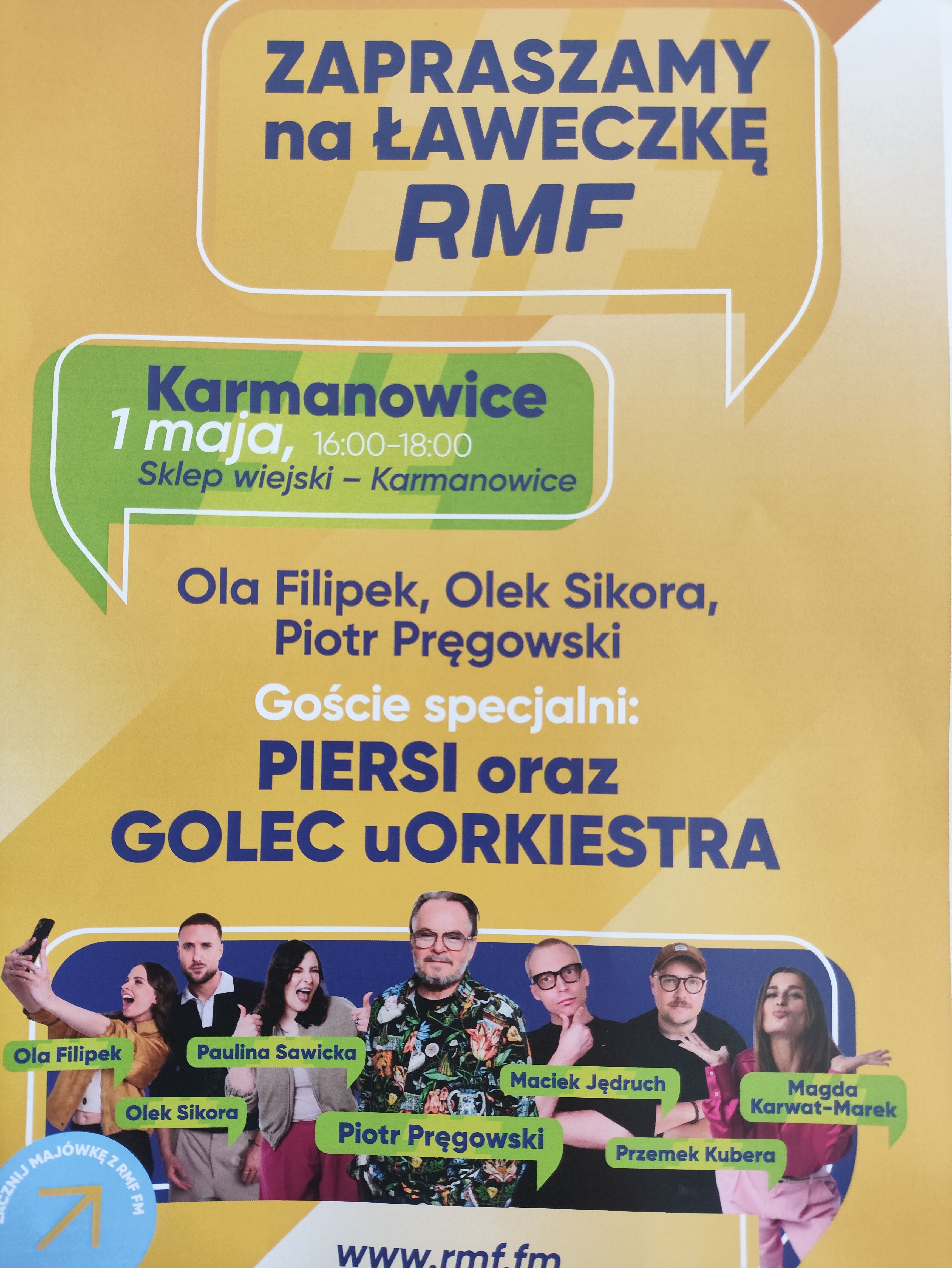 Plakat promocyjny wydarzenia "Zapraszamy na łoweczkę RMF" w Karmanowicach. Zawiera nazwiska prowadzących i gości, w tym zespoły Piersi i Golec uOrkiestra, z datą i miejscem spotkania.
