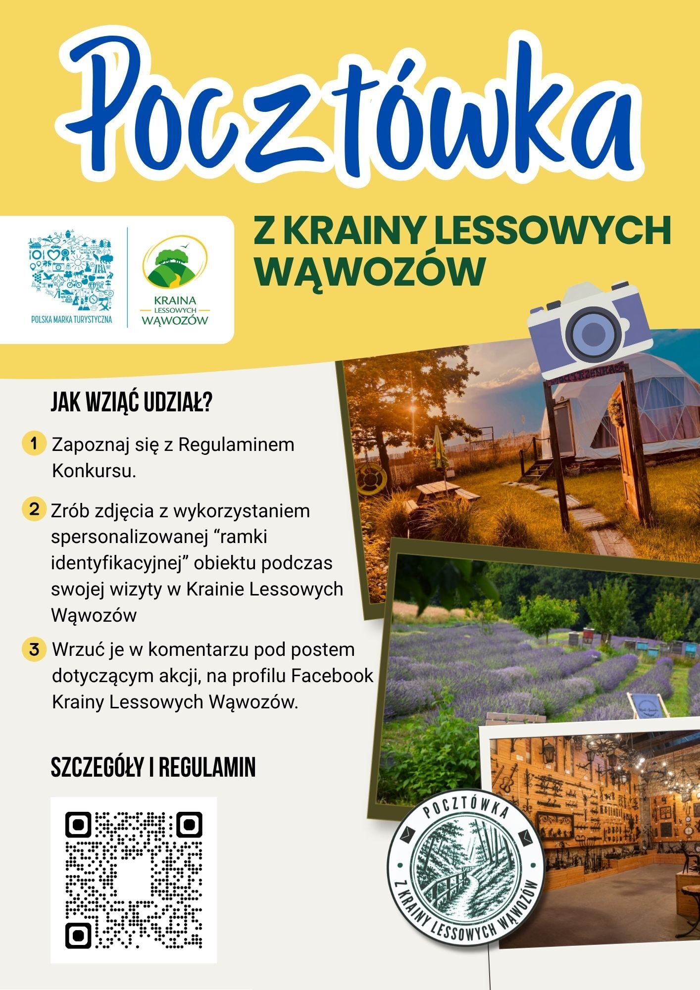 Widok poczt&oacute;wki z Krainy Lessowych Wąwoz&oacute;w. Zawiera informacje o konkursie fotograficznym, wskaz&oacute;wki uczestnictwa oraz zdjęcia pięknych krajobraz&oacute;w i mostu. Na plakacie znajduje się logo i kod QR.