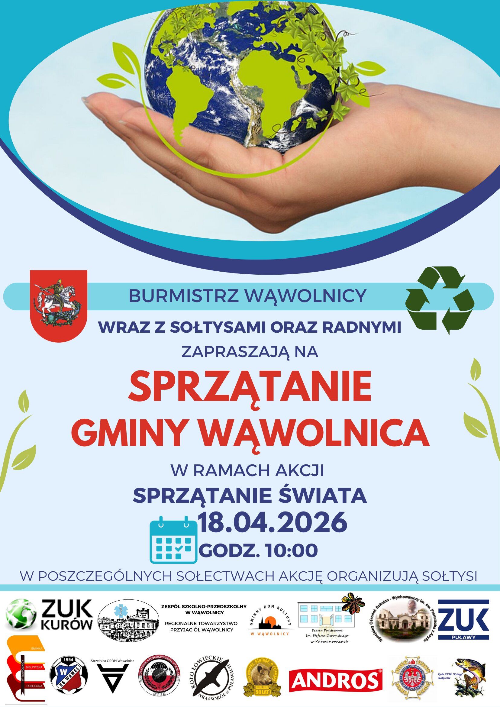 Plakat promujący wydarzenie "Sprzątanie Gminy Wąwolnica" w ramach "Sprzątania Świata" 18.04.2026 o godz. 10:00. Zawiera logotypy gmin, zdjęcie dłoni z kulą ziemską i informacje dotyczące organizator&oacute;w.