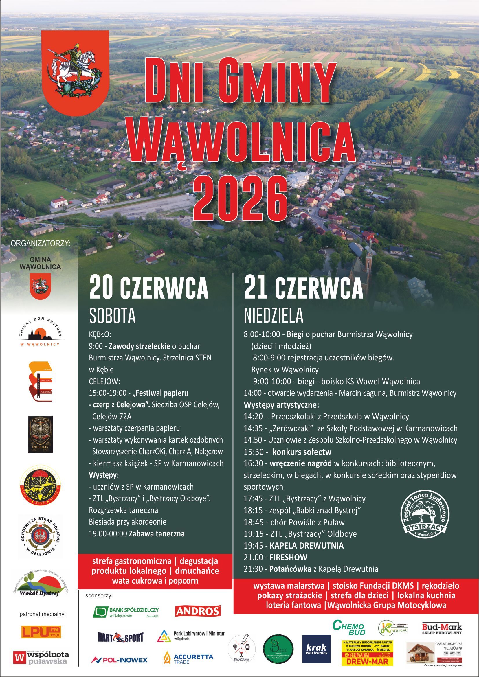Plakat promuje Dni Gminy Wąwolnica 2026, odbywające się 20-21 czerwca. Zawiera szczeg&oacute;łowy program wydarzeń, w tym koncerty, zawody sportowe i pokazy. Na g&oacute;rze znajduje się widok na wieś i herby organizator&oacute;w.