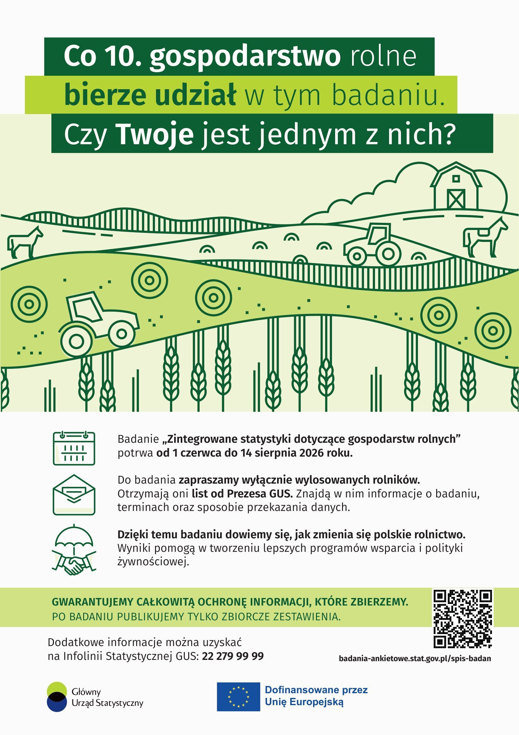 Plakat promujący badanie statystyczne gospodarstw rolnych. Zawiera grafikę farmy, informacje o udziale i ochronie danych, oraz dane kontaktowe. Przyciąga uwagę zielonymi i ż&oacute;łtymi akcentami.