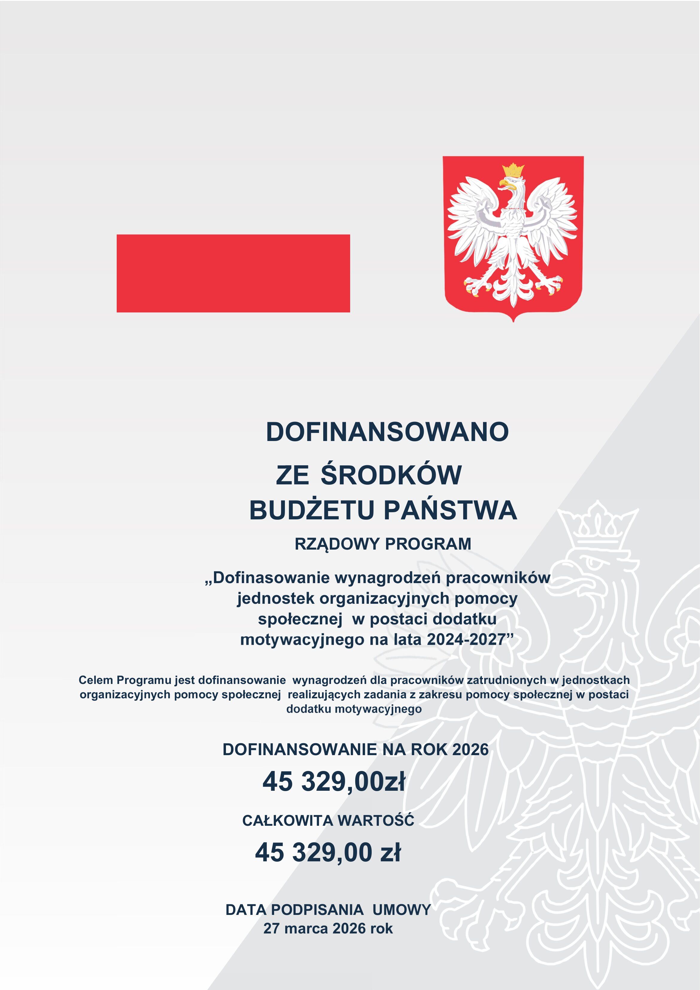 Plakat informujący o dofinansowaniu z budżetu państwa na lata 2024-2027, dotyczący dodatku motywacyjnego dla pracownik&oacute;w pomocy społecznej. Zawiera godło Polski, kwoty dofinansowania i datę podpisania umowy.