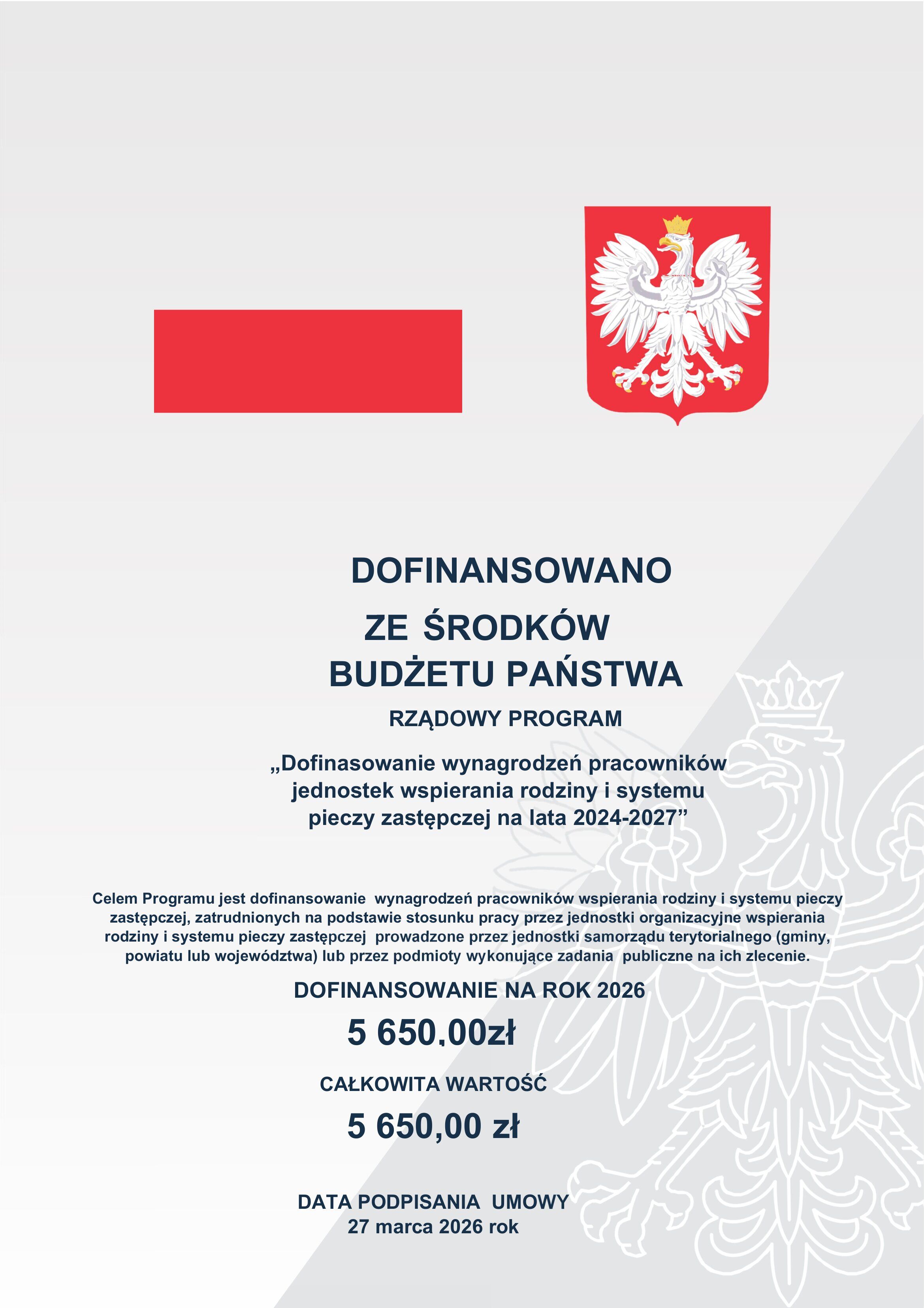 Umowa o dofinansowanie wynagrodzeń pracownik&oacute;w pieczy zastępczej na rok 2026 z budżetu państwa, podpisana 27 marca 2026; całkowita kwota 5,650.00 zł. W dokumencie stopka z logo i godłem Polski.