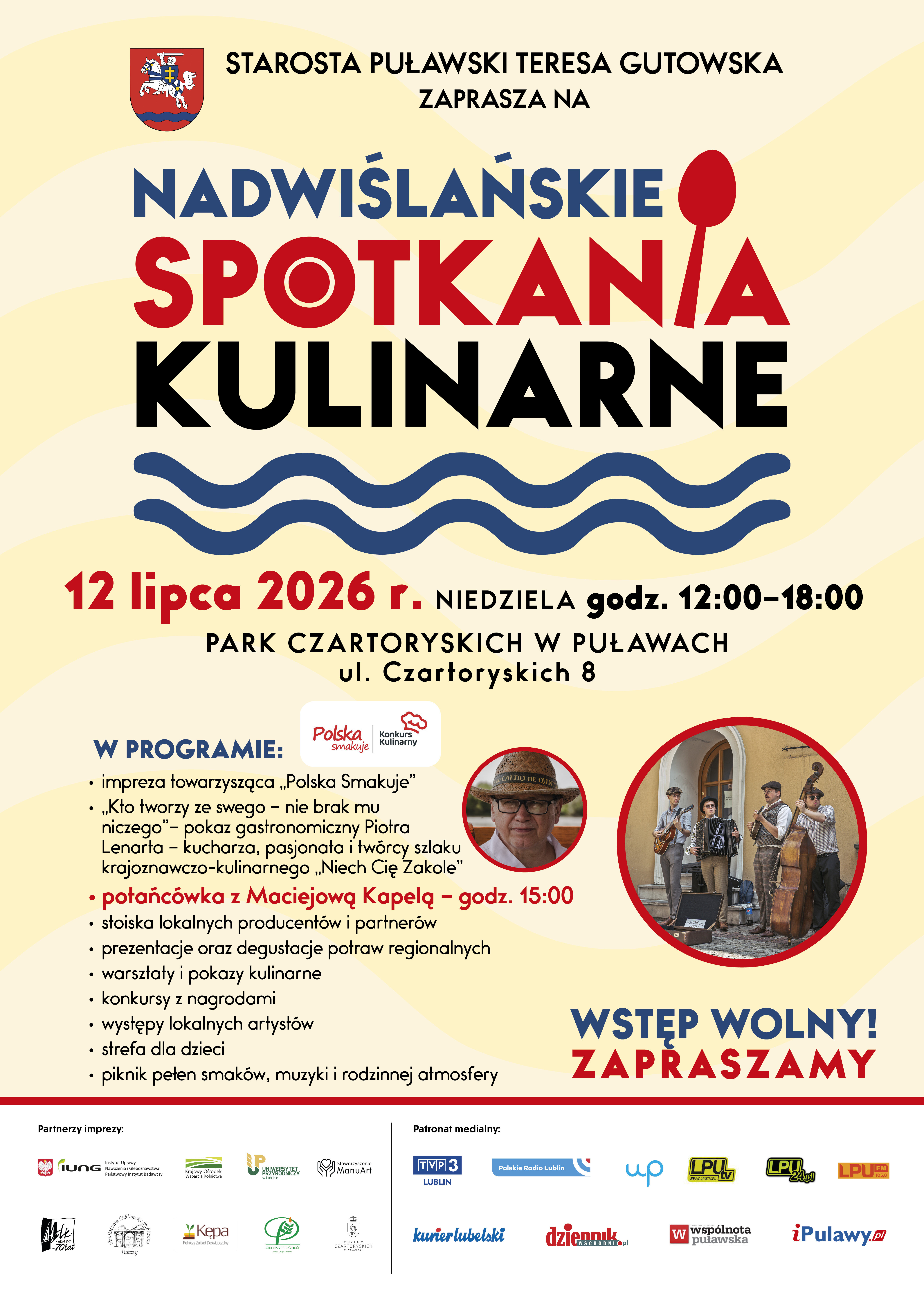 Plakat promujący "Nadwiślańskie Spotkania Kulinarne" w Puławach, 12 lipca 2026 r. W programie m.in. pokaz kulinarny i koncert. Wydarzenie odbędzie się w Parku Czartoryskich, wstęp wolny.