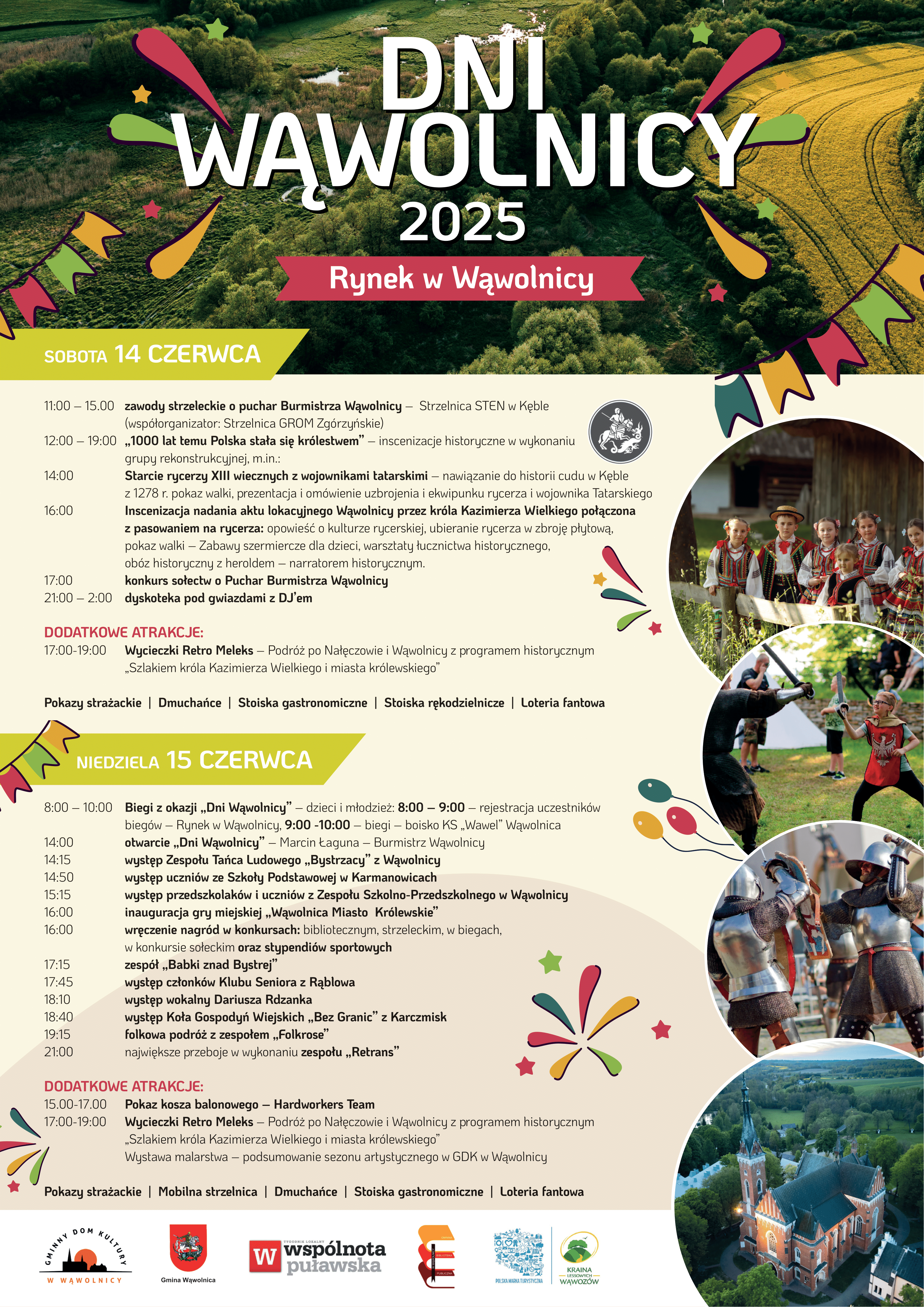Plakat promujący "Dni Wąwolnicy 2025" z programem wydarzeń na 14 i 15 czerwca. Zawiera informacje o koncertach, pokazach, warsztatach oraz dodatkowych atrakcjach jak konkurs plastyczny i loteria fantowa.