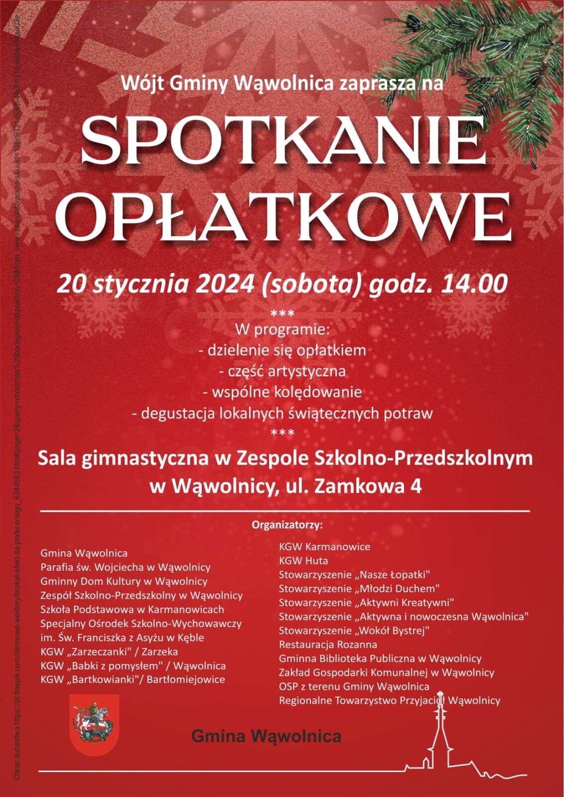 Zdjęcie plakatu wydarzenia z czerwonobiałymi elementami graficznymi. Tekst zaprasza na "Spotkania Oplatkowe" wraz z informacją o programie, datą, miejscem i organizatorach.