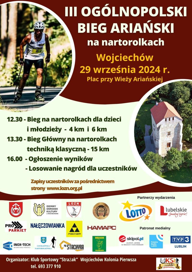 Opis alternatywny: Plakat informacyjny do wydarzenia "III Ogólnopolski Bieg Nartorolkowy Bieg Ariański" zaplanowanego na 29 września 2064 r. Zawiera daty, harmonogram wydarzeń, logo sponsorów i zdjęcie osoby jeżdżącej na nartorolkach.