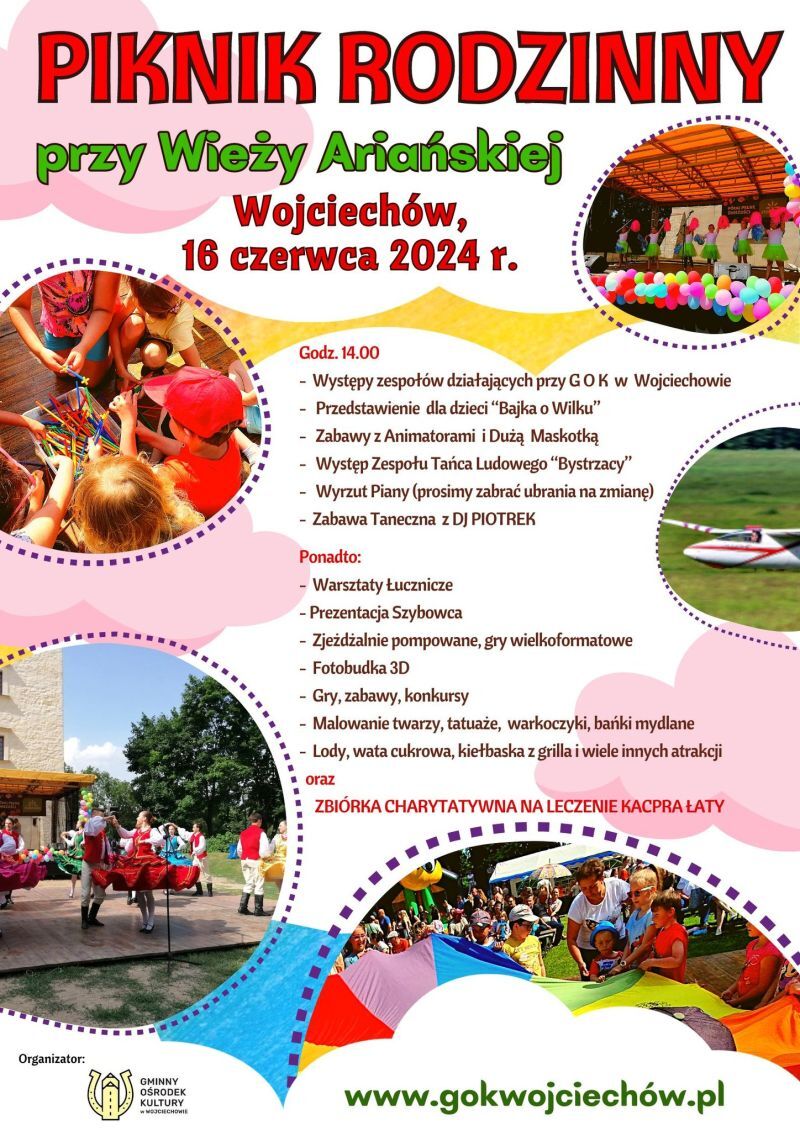 Plakat informacyjny pikniku rodzinowego "Przyjęcie Ariadny", który odbędzie się 16 czerwca 2024 roku w Wojciechowie. Zawiera grafiki aktywności, takie jak tańce, gry, jedzenie oraz informacje o programie i atrakcjach.