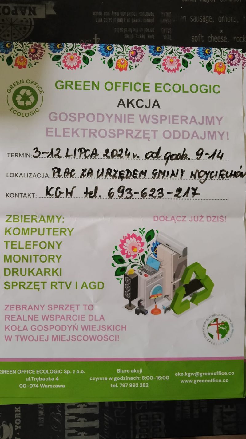 Zdjęcie ulotki reklamowej z napisami promującymi usługi związane z elektroodpadami. Znajdują się na niej kolorowe elementy graficzne i informacje kontaktowe.