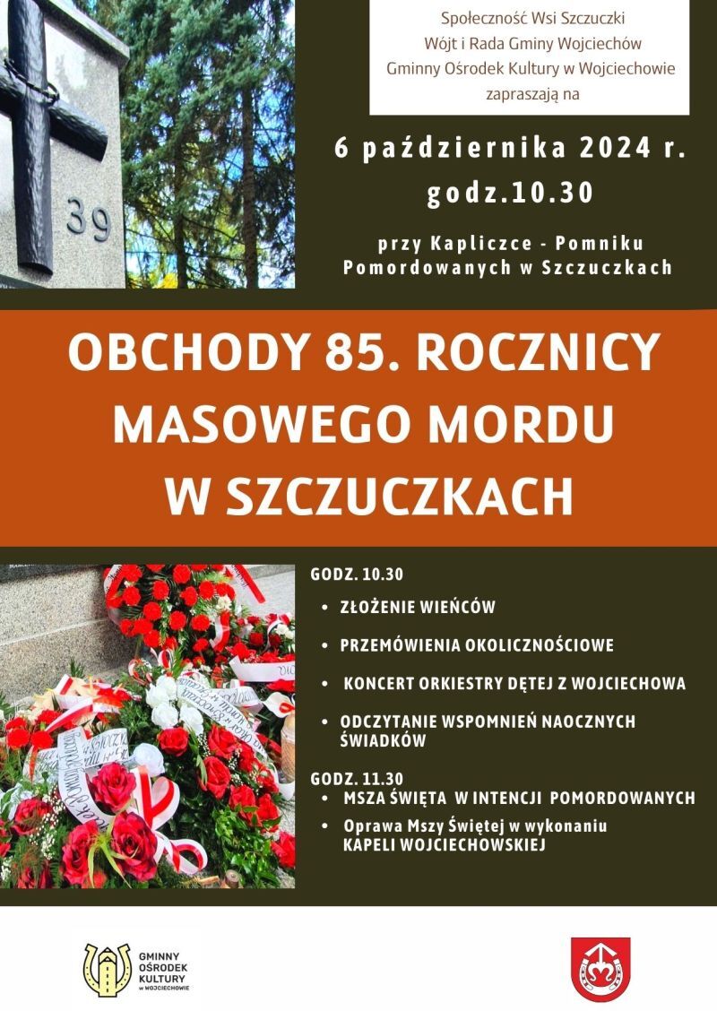 Plakat informacyjny o 85. rocznicy masowego mordu w Szczebrzeszynie. Zawiera daty i szczegóły wydarzenia, a także czerwono-czarne akcenty i kwiaty.