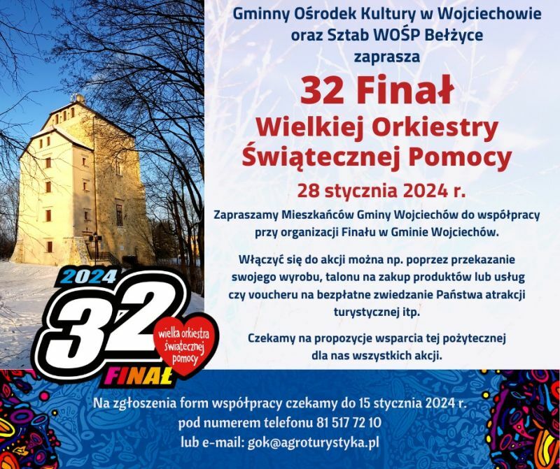 Plakat informacyjny o 32. Finale Wielkiej Orkiestry Świątecznej Pomocy, z grafiką zawierającą serce i logo WOŚP, oraz zdjęciami drzew i niebieskiego nieba.