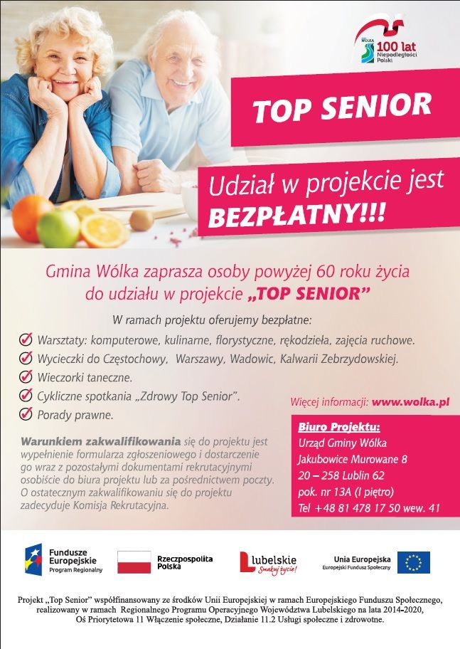 Gmina Wólka zaprasza osoby powyżej 60 roku życia  do udziału w projekcie „TOP SENIOR”