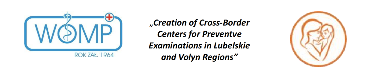 Logo projektu współpracy transgranicznej z napisem "Creation of Cross-Border Centers for Preventive Examinations in Lubelskie and Volyn Regions", z grafiką czerwonego krzyża i sylwetki osoby.