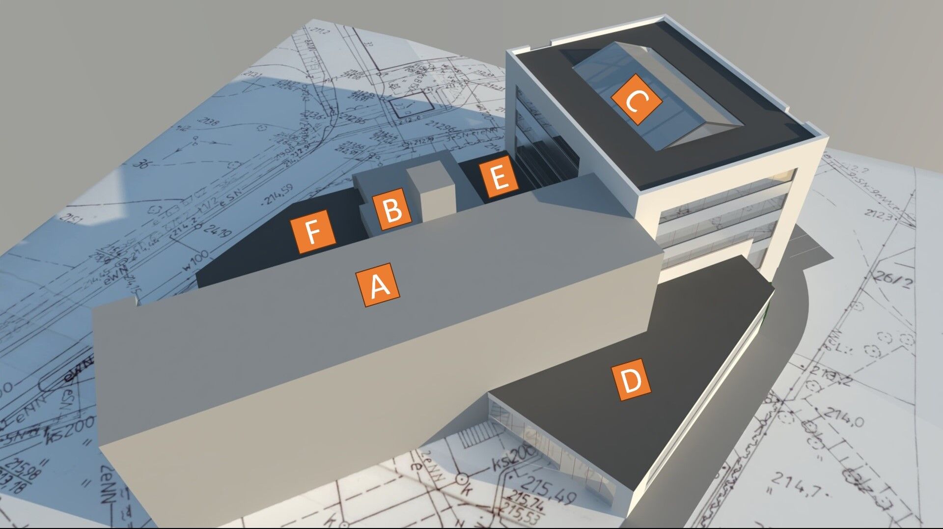 Model architektoniczny budynku na tle planów budowlanych, z oznaczonymi literami A, C, D, E i F na różnych elementach konstrukcji.