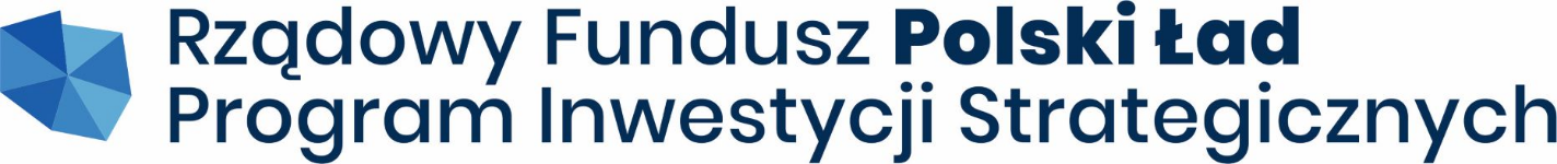 Logo Rządowego Funduszu Polski Ład: Programu Inwestycji Strategicznych, składające się z czcionki i elementów graficznych w odcieniach niebieskiego.